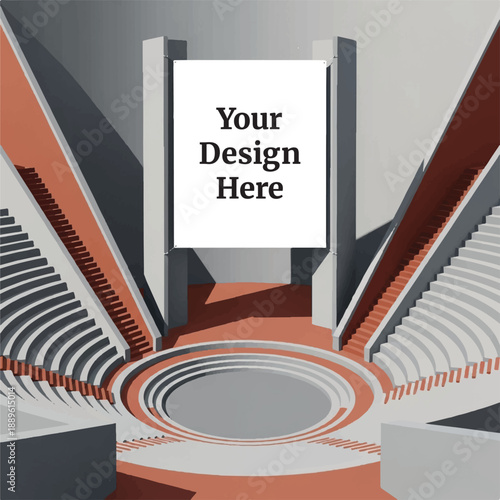 Dynamic 3D Rendered Amphitheater Stage Mockup with Blank Screen for Creative Event Branding and Architectural Presentation Showcase