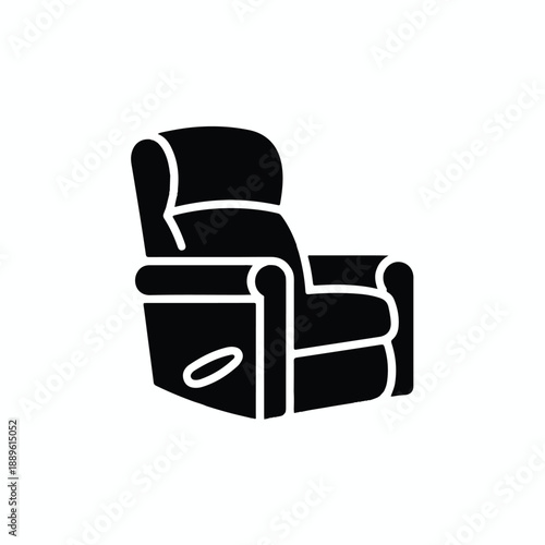 Monochromatic glyph-style recliner chair icon, simple and elegant vector graphic suitable for digital interfaces and branding.