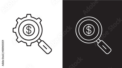 Magnifying glass with dollar sign in gear icon in simple line art style with white and black background for financial analysis