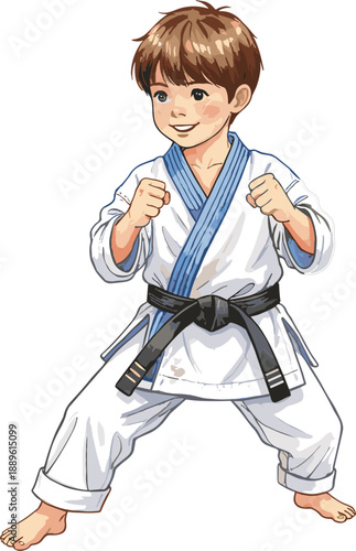 Cute cartoon illustration of young boy practicing karate in white gi with black belt, martial arts training concept for kids, sport and self defense design use