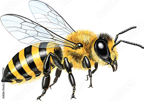 Detailed watercolor honey bee illustration with transparent wings, yellow and black stripes, realistic insect artwork for nature, ecology and pollination concept