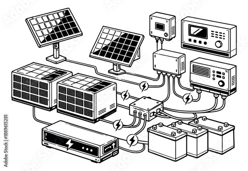 Hand drawn line art solar power system set featuring panels, batteries, and inverters for renewable energy concepts