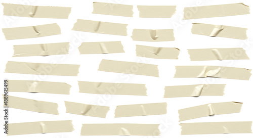 Collection of various sticky tape pieces on white background