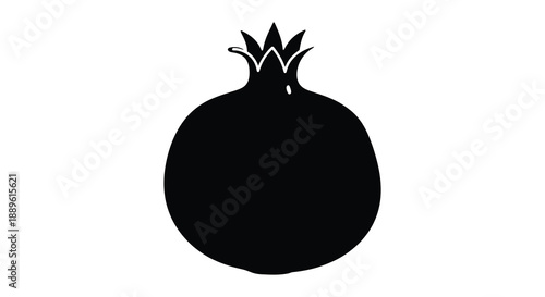 A striking black silhouette of a ripe pomegranate with a visible crown and stem showcasing its unique form silhouette high quality