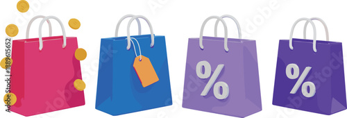 Colorful shopping bag illustration set with discount symbols, price tags and coins representing retail sale, ecommerce promotion and consumer purchasing concepts