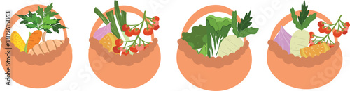 Four baskets filled with fresh organic vegetables and fruits, showcasing a healthy diet and natural produce
