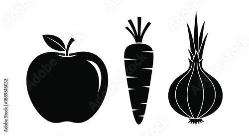 A simple arrangement of an apple carrot and onion depicted in a stark black silhouette high quality professional detailed modern elegant