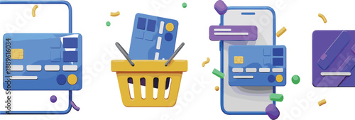 Modern ecommerce illustration set featuring online payment, digital wallet, shopping basket and secure credit card transactions for mobile commerce and fintech concepts