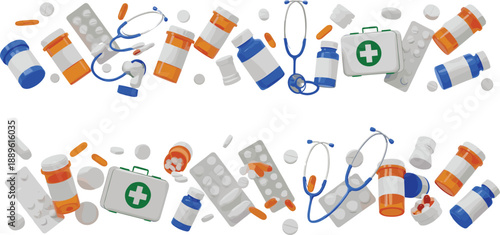 Medical healthcare banner illustration with pills, medicine bottles, first aid kits and stethoscope forming horizontal composition for pharmacy, treatment and wellness concepts