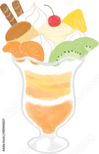 プリンが入ったフルーツパフェのイラスト