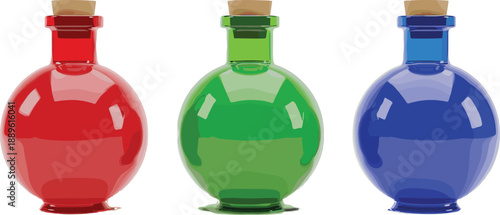 Realistic glass potion bottle set in red, green and blue colors with cork stoppers for magic, alchemy, fantasy and game design concepts