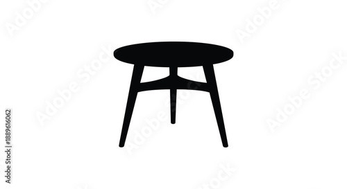 A minimalist depiction of a dark round table with three legs casting a subtle shadow on a white background