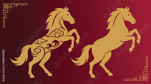 Rearing Golden Horse Cloud Wave Pattern Traditional Chinese Zodiac Lunar New Year Vector Art Design Silhouette Equine Stallion Power Prosperity Fortune Oriental Festival