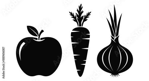 A striking black and white illustration depicts an apple carrot and onion in a bold silhouette high quality professional detailed modern elegant stylish