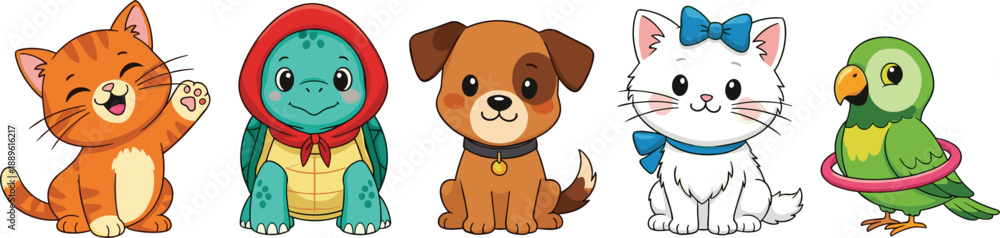 Obraz premium Cute cartoon animal character set featuring cat, turtle, puppy, kitten and parrot illustrations for kids design, stickers, education and playful branding use