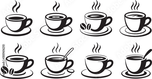 Eight black coffee cups on saucers with steam rising