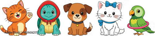 Cute cartoon animal character set featuring cat, turtle, puppy, kitten and parrot illustrations for kids design, stickers, education and playful branding use