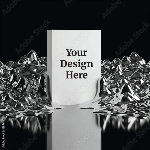 Abstract Mockup of Metallic Liquid Waves Colliding Around an Empty White Product Display Stand with Space for Your Design