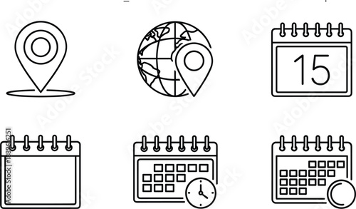 Minimal line icon set of calendar and location concepts including date scheduling, global events, reminders, deadlines and time management planning symbols