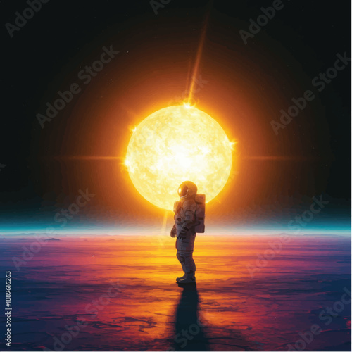 Astronaut Standing on Planet Surface at Sunset.