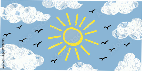 A cheerful drawing of a bright sun fluffy clouds and soaring birds