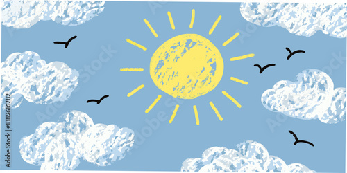 A cheerful drawing depicts a bright sun fluffy clouds and soaring birds