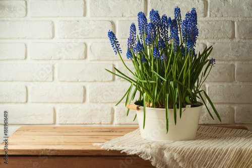 Foto Spring muscari flowers in bucket on wooden table over brick wall background