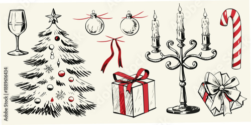 A festive sketch showcasing christmas ornaments trees and celebratory decor