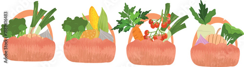 A vibrant collection of healthy fresh vegetables artfully arranged in four distinct woven baskets, showcasing a variety of colorful produce