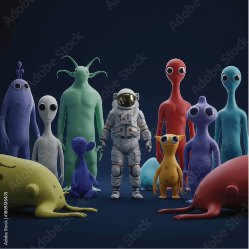 Astronaut Surrounded by Alien Creatures in Space.