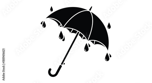 A minimalist black umbrella with falling raindrops is depicted in a striking simple silhouette high quality professional detailed modern elegant stylish
