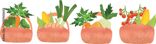 Artistic illustration of small, rustic baskets filled with colorful, diverse fresh garden vegetables carrots, tomatoes, leeks, symbolizing healthy and natural produce choices