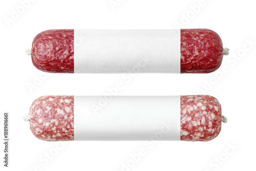 Overhead shot of two packaged cured meats, cylindrical with white paper labels