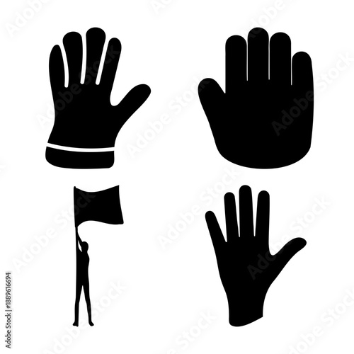 Diverse set of hand gestures, a protective glove, and a flag bearer silhouette