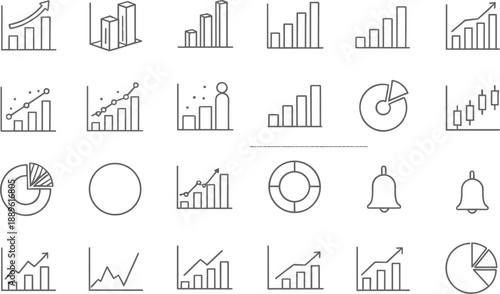 Minimal line icon set of business analytics and data visualization concepts including charts, graphs, statistics, growth indicators and performance monitoring symbols