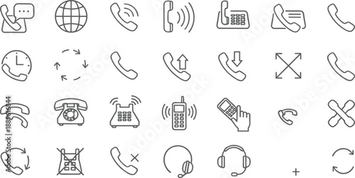 Minimal line icon set of phone call and telecommunication concepts including handset, hotline, contact, signal, call center and communication interface symbols