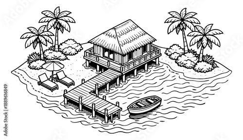 Hand drawn isometric illustration of a tropical resort scene depicting a tranquil island getaway for summer holidays