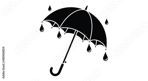A minimalist depiction of a black umbrella with falling raindrops against a white background presented as a silhouette high quality professional