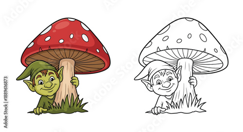 Cute Cartoon Elf Peeking From Behind a Large Mushroom Forest Illustration