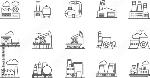 Minimal line icon set of industrial factory and energy production concepts including manufacturing plants, oil refineries, power stations and heavy industry symbols