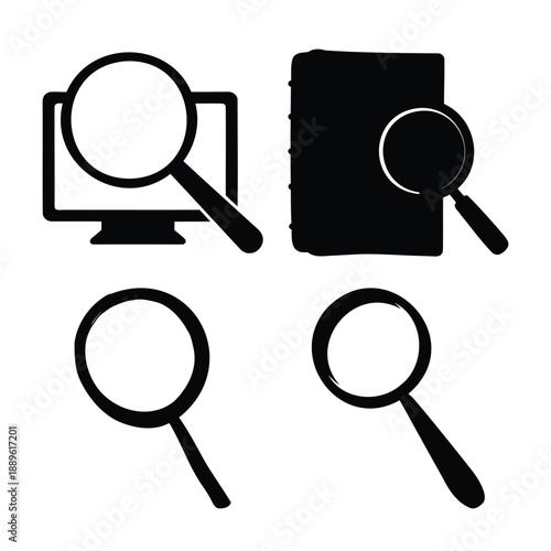 Digital and physical search icons featuring a magnifying glass for web and document exploration