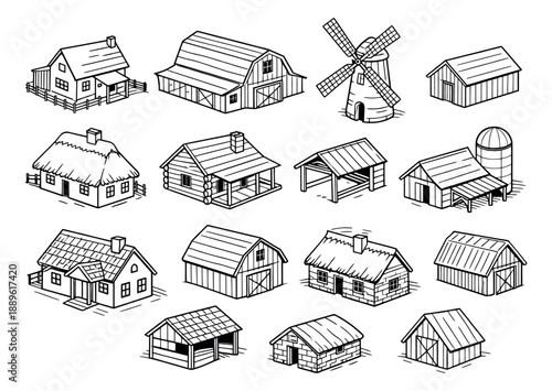 Hand drawn line art isometric farm and village buildings set featuring houses, barns, and a windmill for rural architecture design