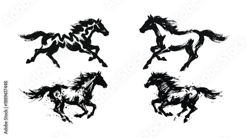 Black Ink Wash Painting Style Running Horse Traditional Chinese Calligraphy Brush Stroke Vector Set Illustration Artistic Sketch Drawing Culture Asian Oriental Dynamic