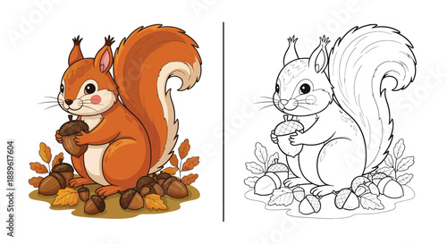 Cute Squirrel Holding Acorn Coloring Page Illustration for Autumn and Nature Themes