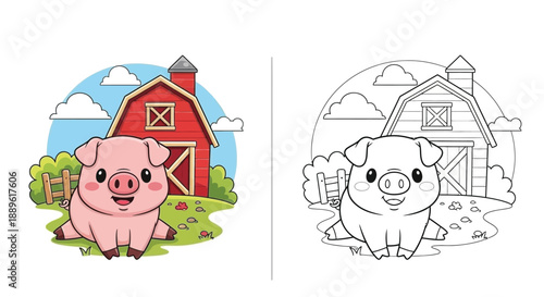 Cute Pig Cartoon Coloring Page Set in a Farm Scene With Red Barn and Fence