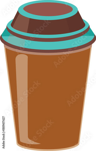 Isolated vector illustration of a brown disposable paper coffee cup with a plastic lid and a cardboard container bin for hot beverage trash