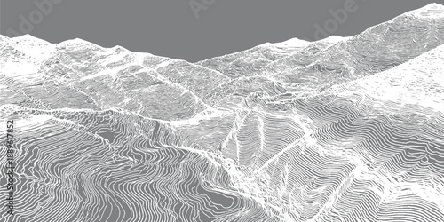 Topographic contour lines representing a mountain range landscape in white and gray