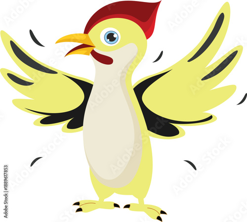 A cute cartoon parrot and funny farm bird character design featuring a colorful rooster and hen with expressive wings and beaks in a vibrant vector illustration