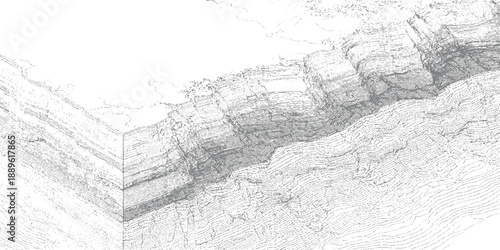 Isometric view of geological strata layers and contour lines representing terrain