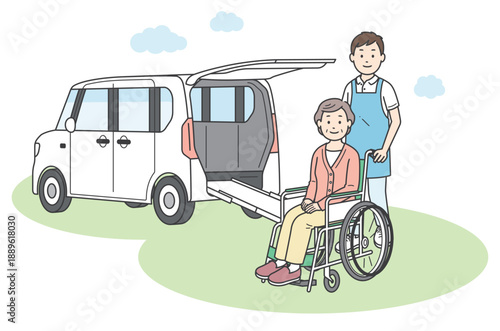 介護施設に送迎される高齢女性と男性介護士と福祉車両のイラスト（カラー